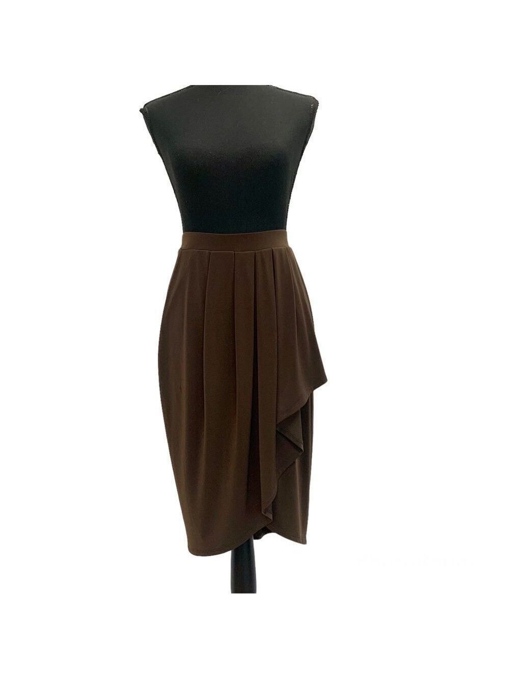 JOSEPH Ribkoff chocolate brown pleated tulip wrap skirt Sz 8 stretchy spandex